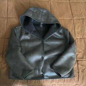 Dark Brown Hooded Jacket with Fleece Lining and Faux Leather Details